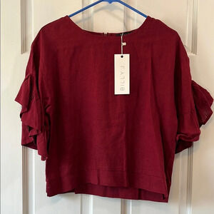 NWT Billy J 100% Linen Cropped Red Blouse with Ruffle Sleeves - Size 10